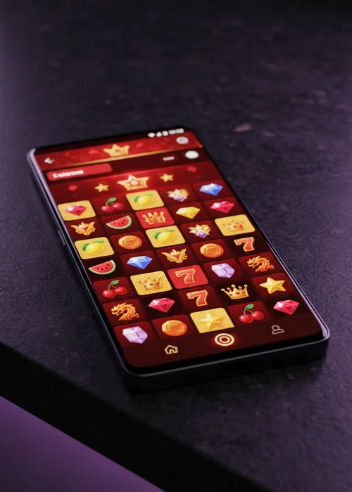 Königszeichen des King Vegas Casino auf einer Oberfläche voller Slot-Symbole und Chipstapel, symbolisierend das umfassende Spielangebot und die exklusiven Boni, die Spieler in Deutschland erwarten.